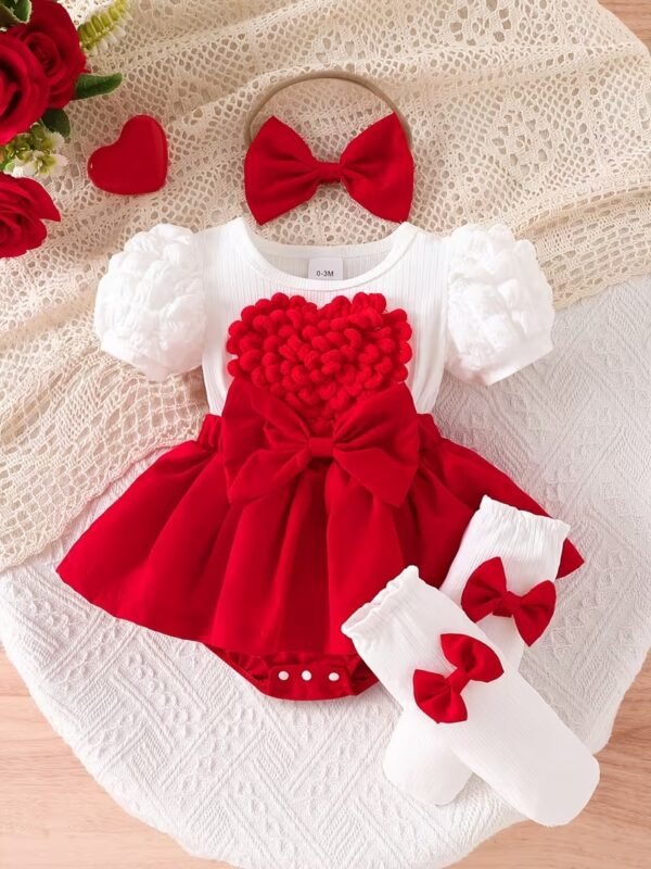 4pcs Baby Girl Red Heart Dress Set – Bow Socks & Headband