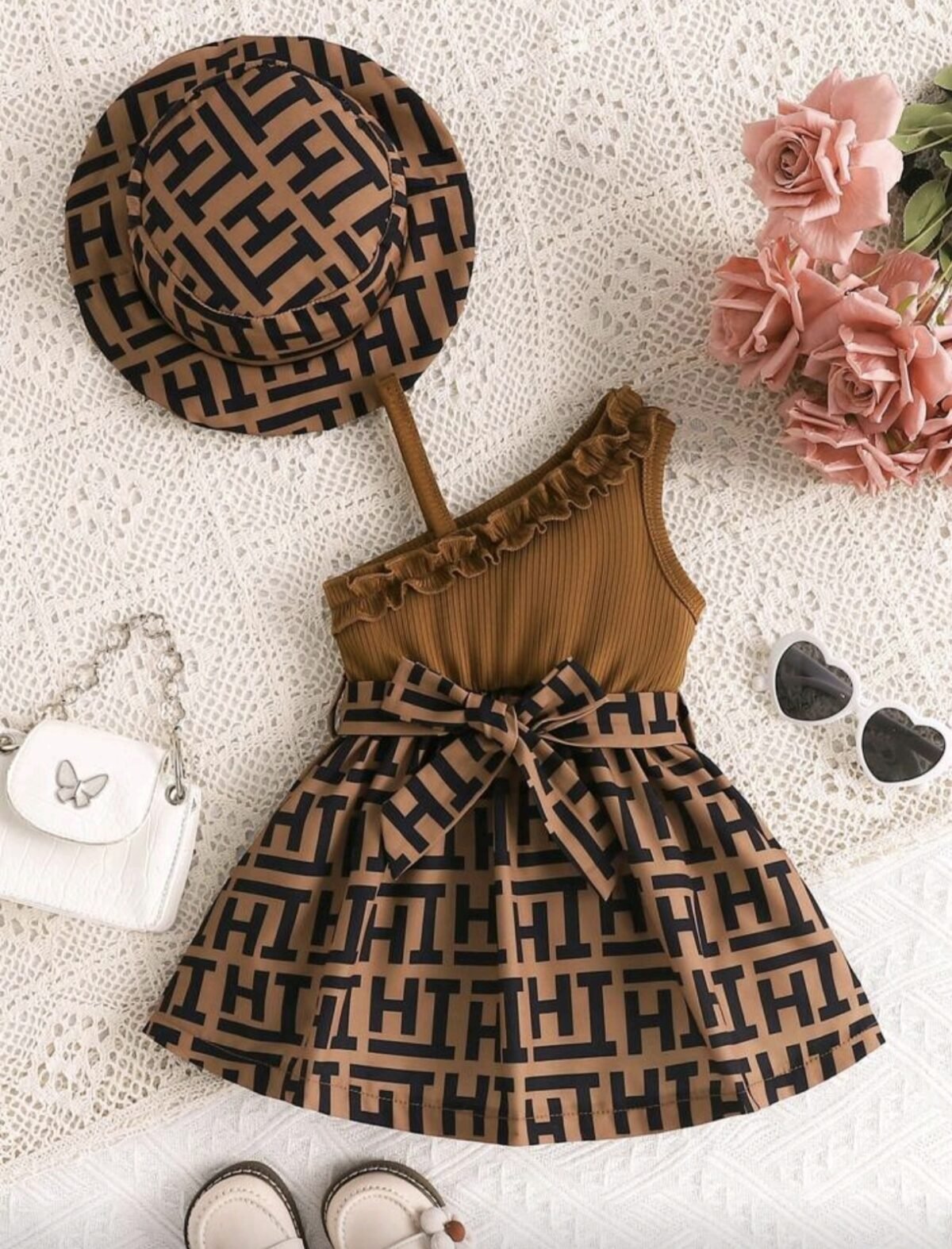 Cute Baby Girl Plaid Dress – Embroidered with Matching Hat