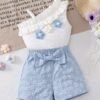 Baby Girl 2pcs Set – Floral One Shoulder Top & Blue Bow Shorts Outfit