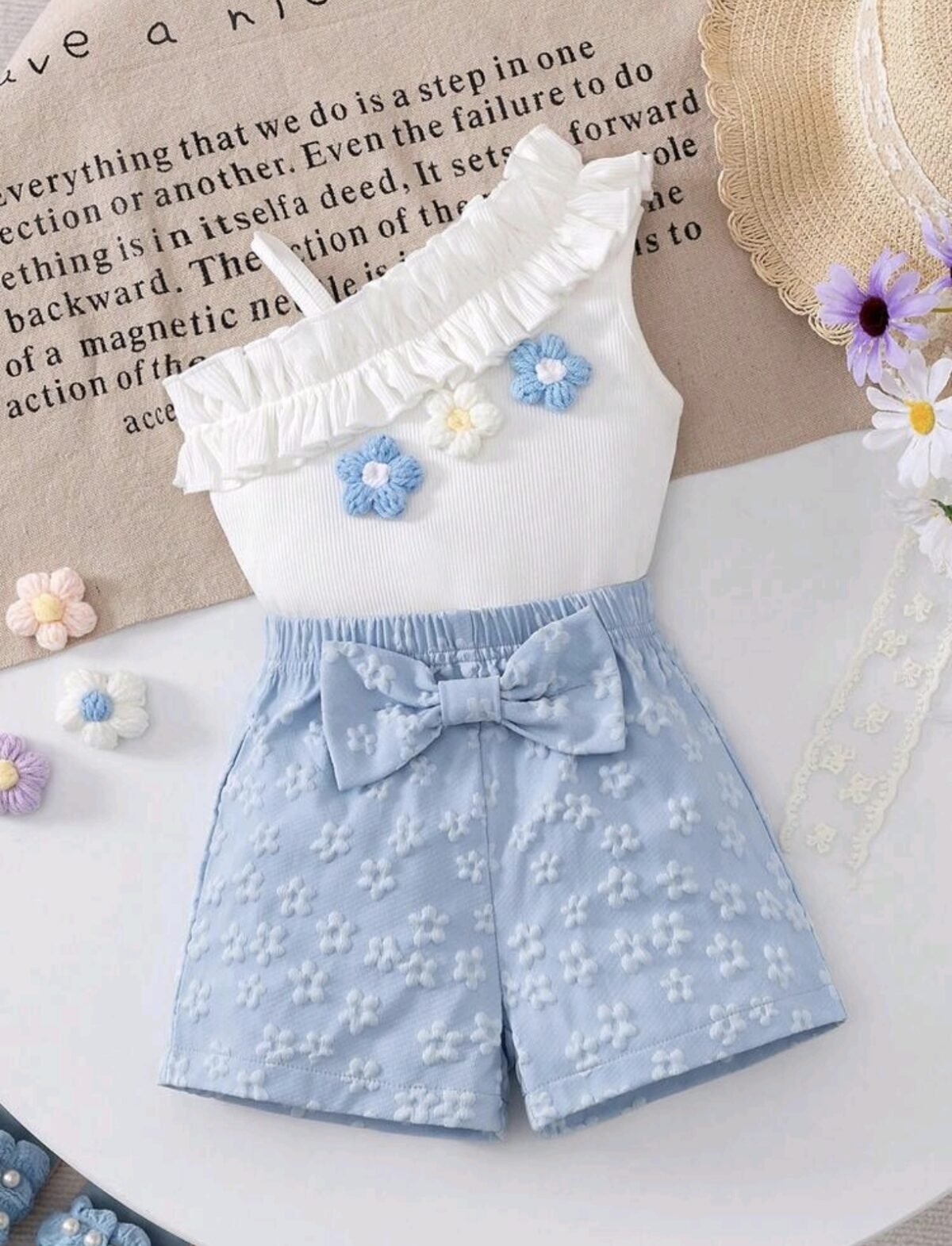 Baby Girl 2pcs Set – Floral One Shoulder Top & Blue Bow Shorts Outfit