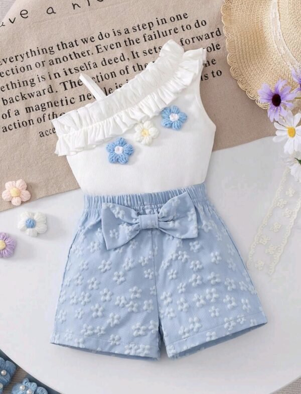 Baby Girl 2pcs Set – Floral One Shoulder Top & Blue Bow Shorts Outfit