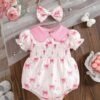 Newborn Baby Girl Bow Print Bodysuit – Ruffle Collar Set with Headband