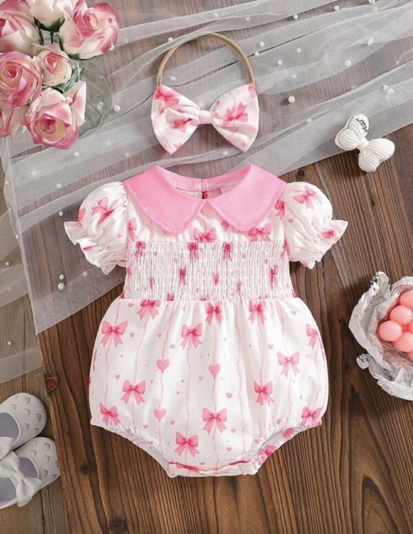 Newborn Baby Girl Bow Print Bodysuit – Ruffle Collar Set with Headband