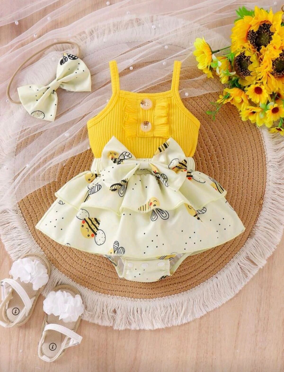 Baby Girl Bee Bodysuit Dress – Ribbed Skirt Set with Hairband