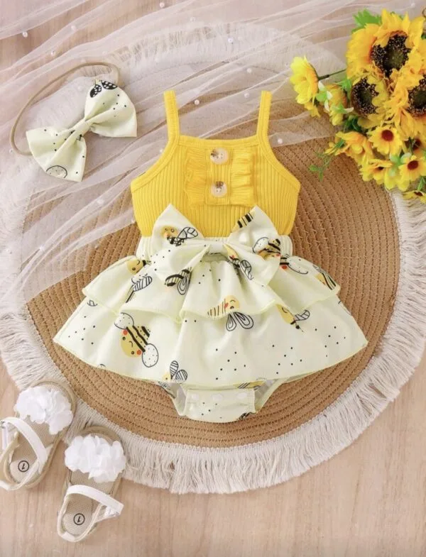 Baby Girl Bee Bodysuit Dress – Ribbed Skirt Set with Hairband