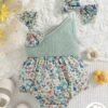 Newborn Baby Girl Floral Bodysuit – Strap Outfit with Bow & Headband