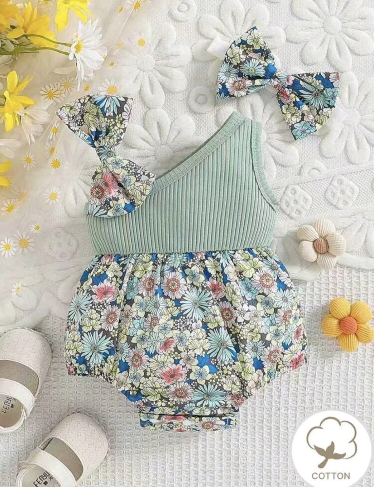 Newborn Baby Girl Floral Bodysuit – Strap Outfit with Bow & Headband