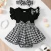 Newborn Baby Girl Dress Set – Black & White Houndstooth Style