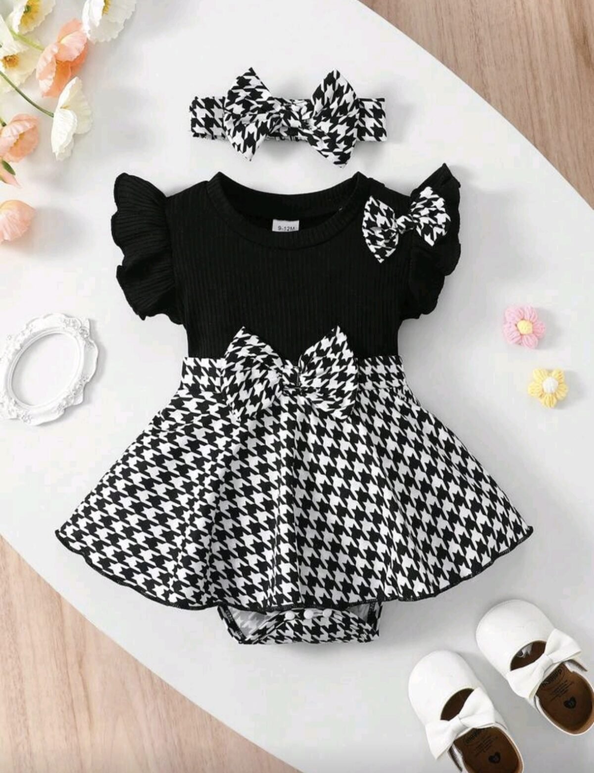 Newborn Baby Girl Dress Set – Black & White Houndstooth Style