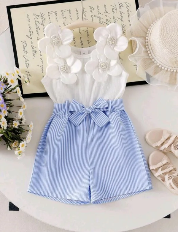 Girls Blue & White Floral Jumpsuit – Summer Waist Tie Outfit