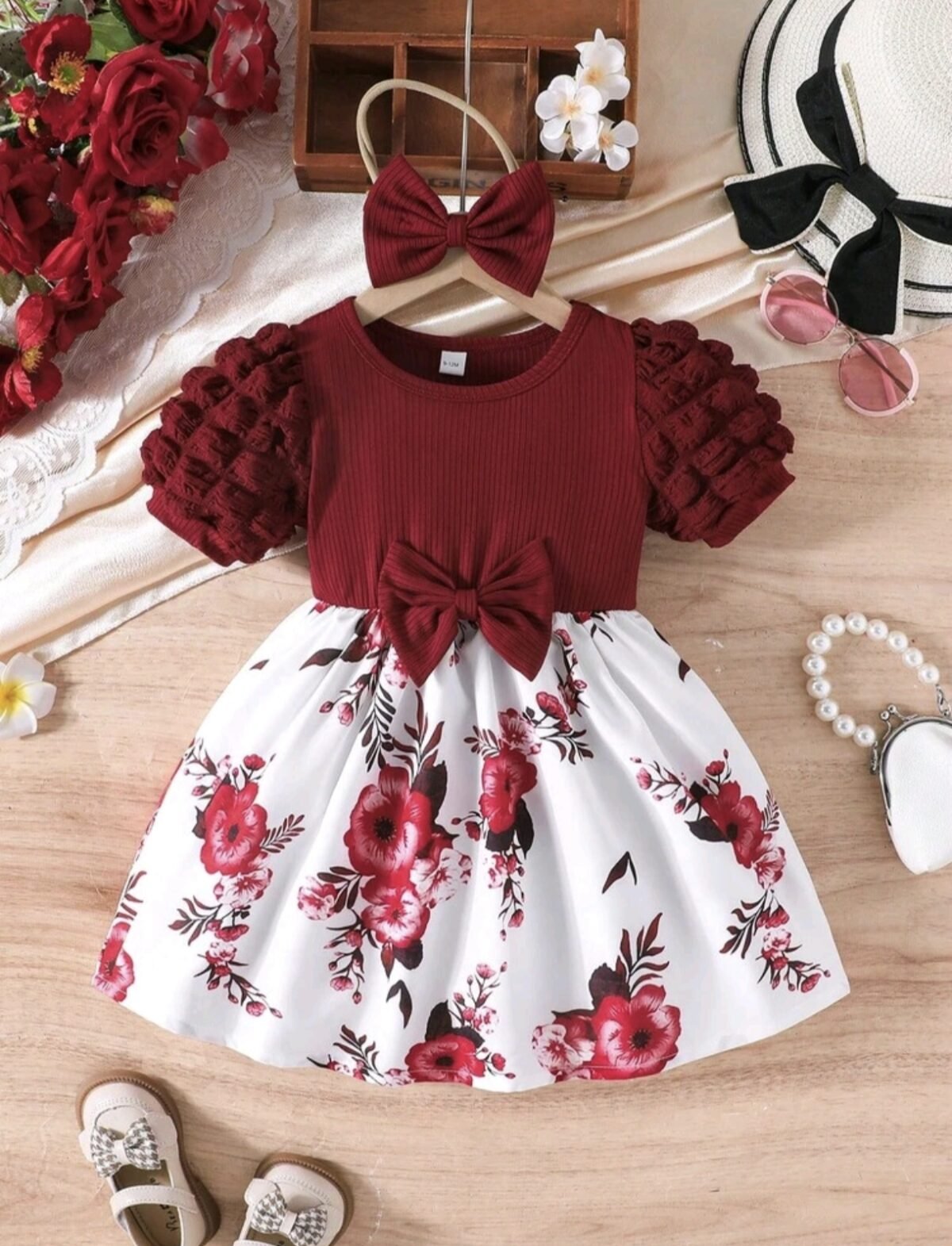 Baby Girl Floral Dress – Puff Sleeve Ruffle with Headband