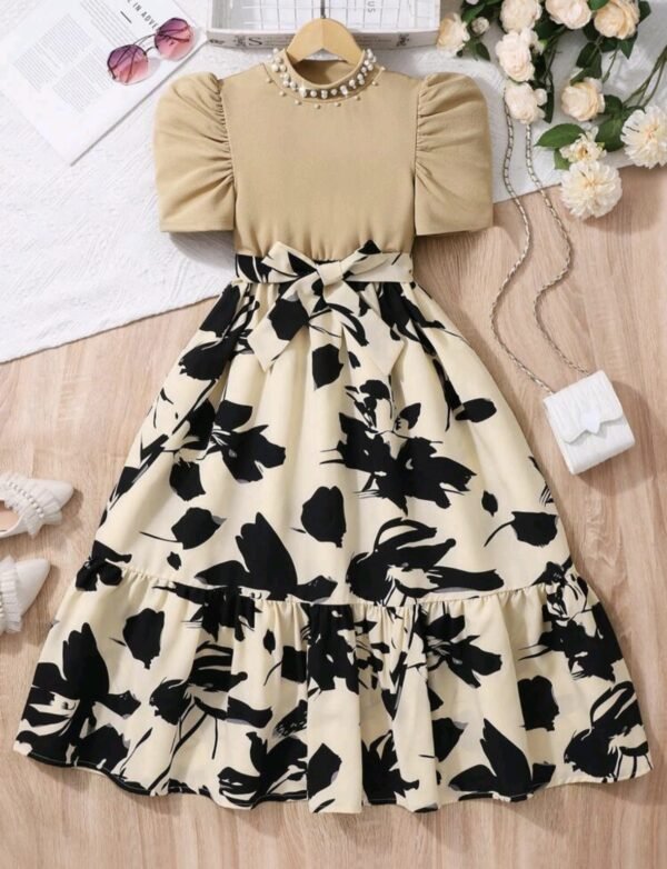 Girls Casual Long Dress – Printed Cinched Waist Daily Wear