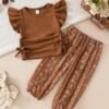 Baby Girl 2pcs Set – Ribbed Flutter Sleeve Top & Floral Pants Outfit