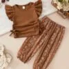 Baby Girl 2pcs Set – Ribbed Flutter Sleeve Top & Floral Pants Outfit