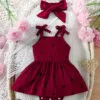 Baby Girl Heart Print Bodysuit Dress – Bow Strap Set with Headband