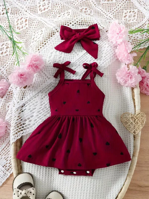 Baby Girl Heart Print Bodysuit Dress – Bow Strap Set with Headband